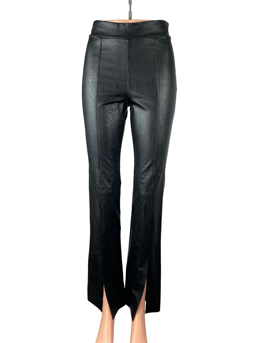 Commando Women's Black Faux Leather Vegan Pintuck Slit Flare Trousers Pants XS